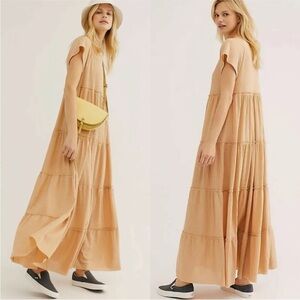 Free People Beach Tiered Maxi Saltwater Dress Size Small Linen Orange Bohemian S